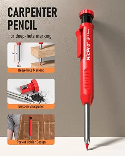 Nicpro Carpenter Pencil with Sharpener & 13 Refills | 2.8mm Construction Pencil for Woodworking, Metal, Plastic, Paper thumbnail 2
