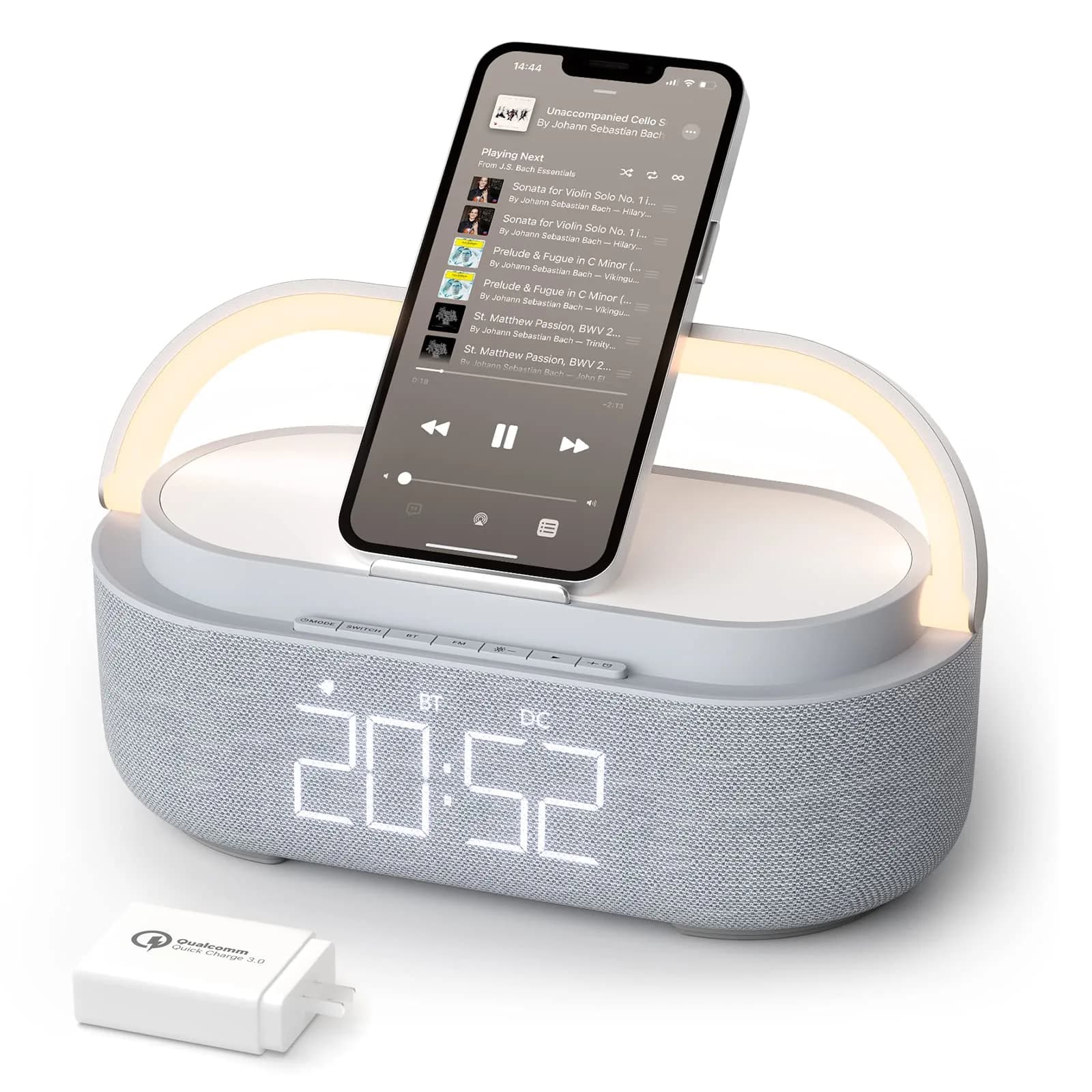 COLSUR 6-in-1 Bluetooth Speaker Alarm Clock & Wireless Charger, Gray | Bedside, Home, Office