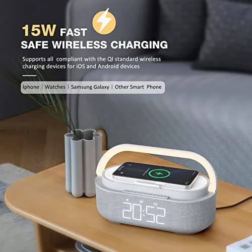COLSUR 6-in-1 Bluetooth Speaker Alarm Clock & Wireless Charger, Gray | Bedside, Home, Office thumbnail 6