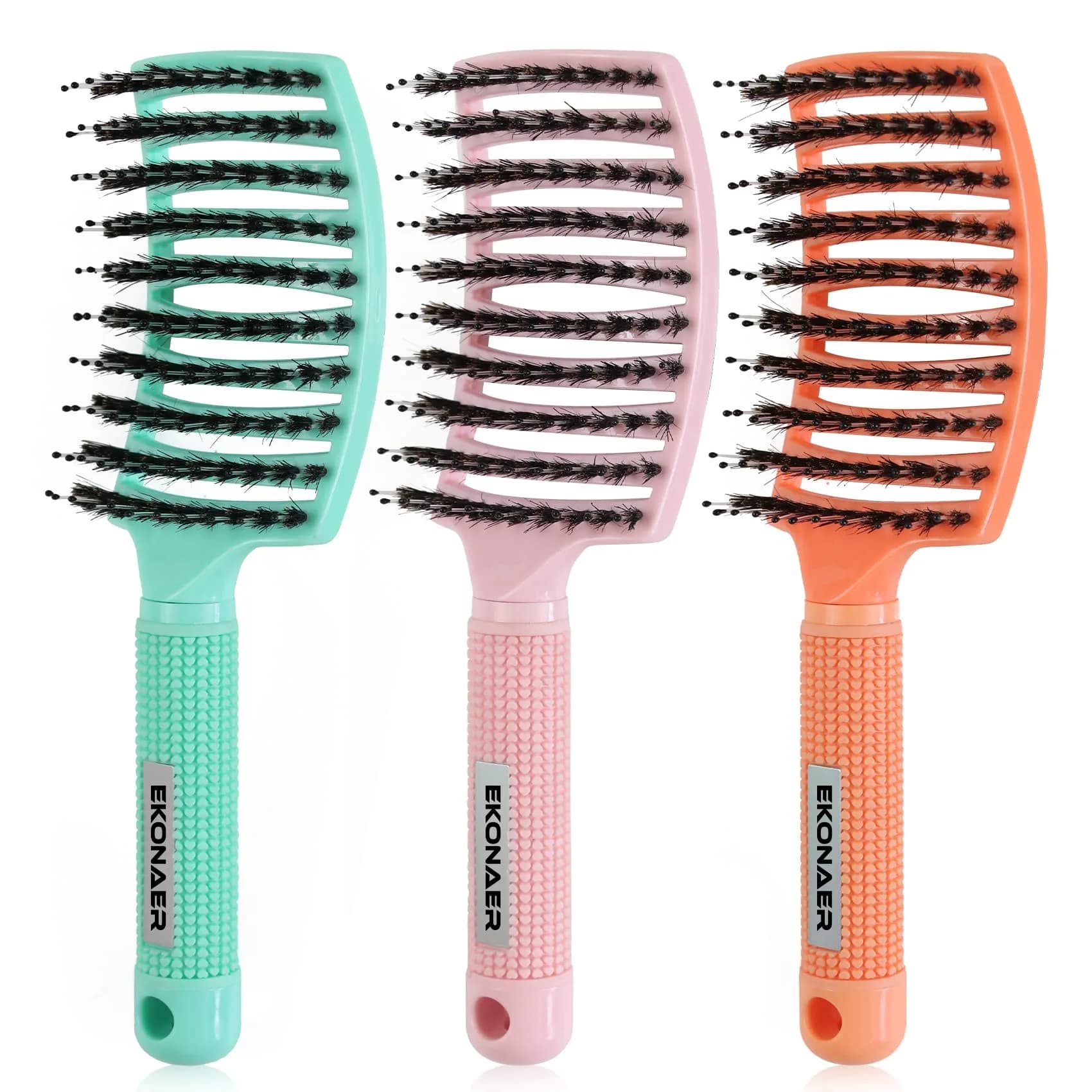 EKONAER 3 Pack Vented Quick Drying Massage Blow Detangler Brush, Boar Bristle Hair Brush Set - Curved, Detangling, All Hair Types (Green) | Supports Healthy Hair