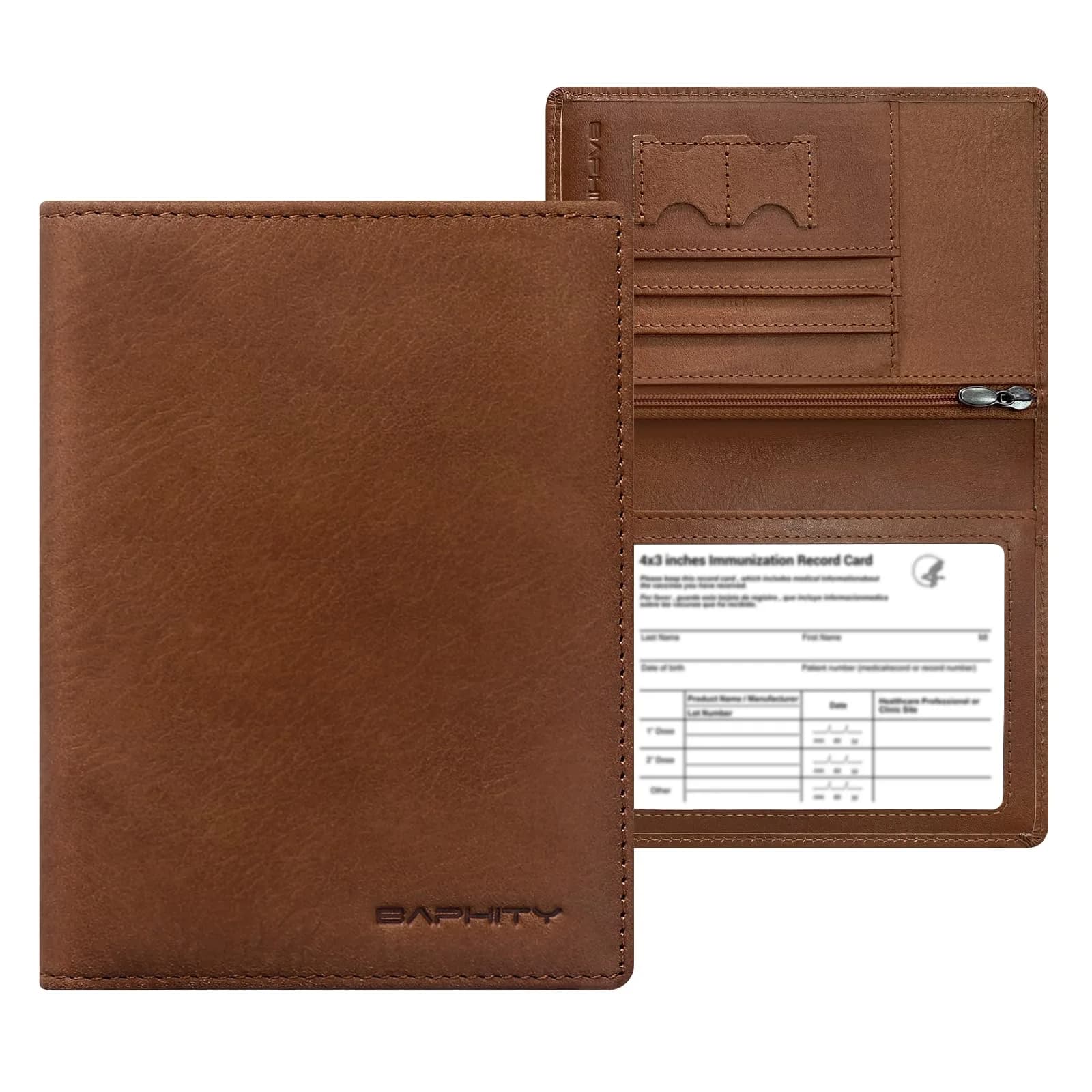 BAPHITY Genuine Leather RFID Blocking Passport Holder Wallet with Zipper | Green — red-brown