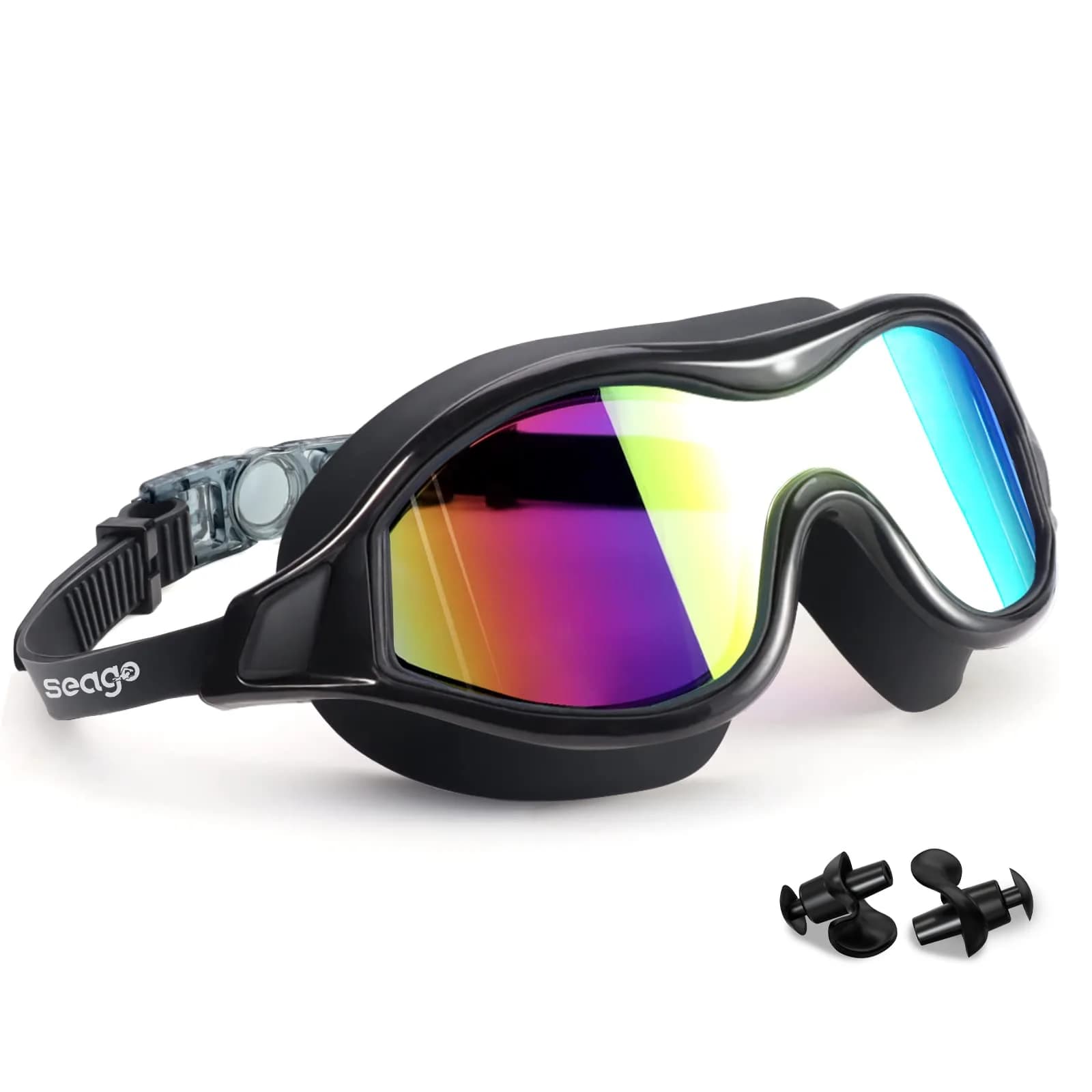 Seago Anti-Fog Mirrored Swim Goggles for Adults & Youth | 180° Clear Vision, UV Protection, Leak-Proof Silicone Seals — Black With Mirrored Aqua