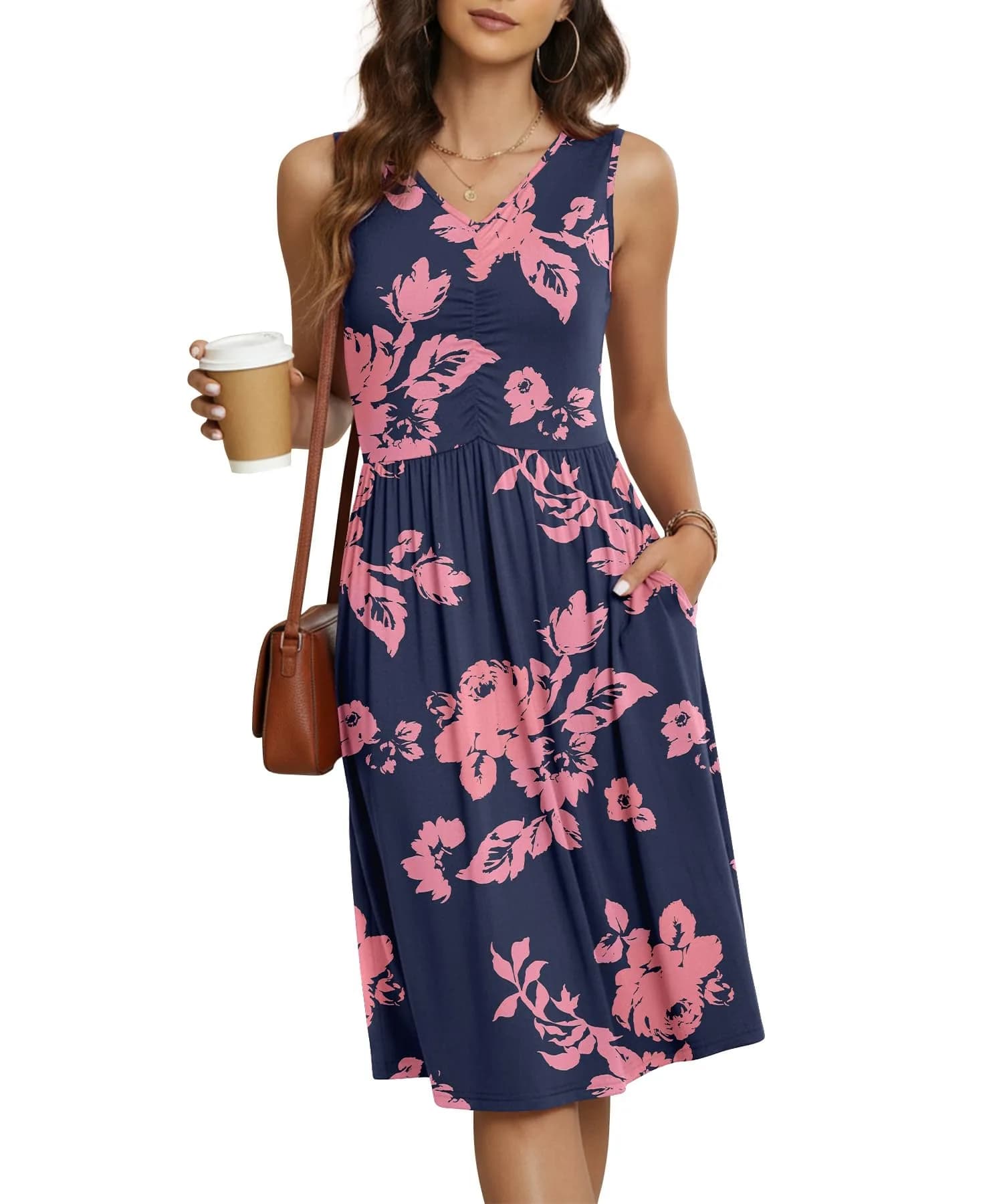 NILOUFO Sleeveless Dress for Women Summer Knee Length Sundress with Pockets | Flowy Floral Casual Style — A:rose Silhouette / Large