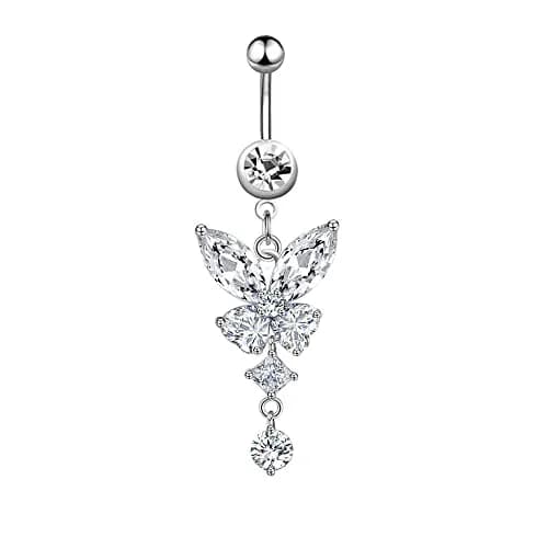 Pingyongchang Belly Button Ring 14G Butterfly CZ Dangle | Hypoallergenic Stainless Steel (70-120c) thumbnail 1