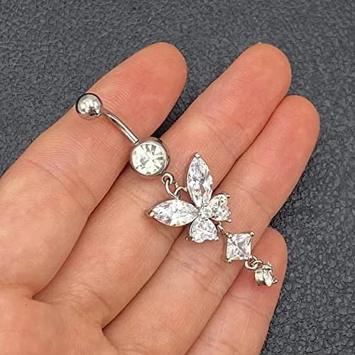 Pingyongchang Belly Button Ring 14G Butterfly CZ Dangle | Hypoallergenic Stainless Steel (70-120c) thumbnail 2