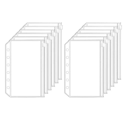 Antner A7 Mini Binder Pockets with Zipper, 6 Holes, 13.3cm x 8.7cm (5.24" x 3.43") | Pack of 12 Clear PVC Pouches for Budgeting & Organization thumbnail 1