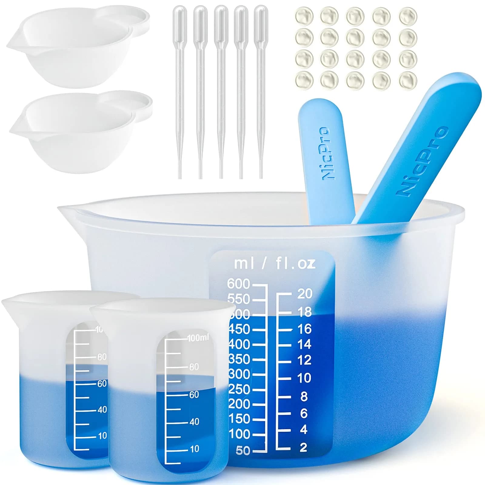 Nicpro Large Silicone Resin Measuring Cups Tool Kit 600ml & 100ml | Reusable Epoxy Resin Mixing Tools for Jewelry Making - main product image