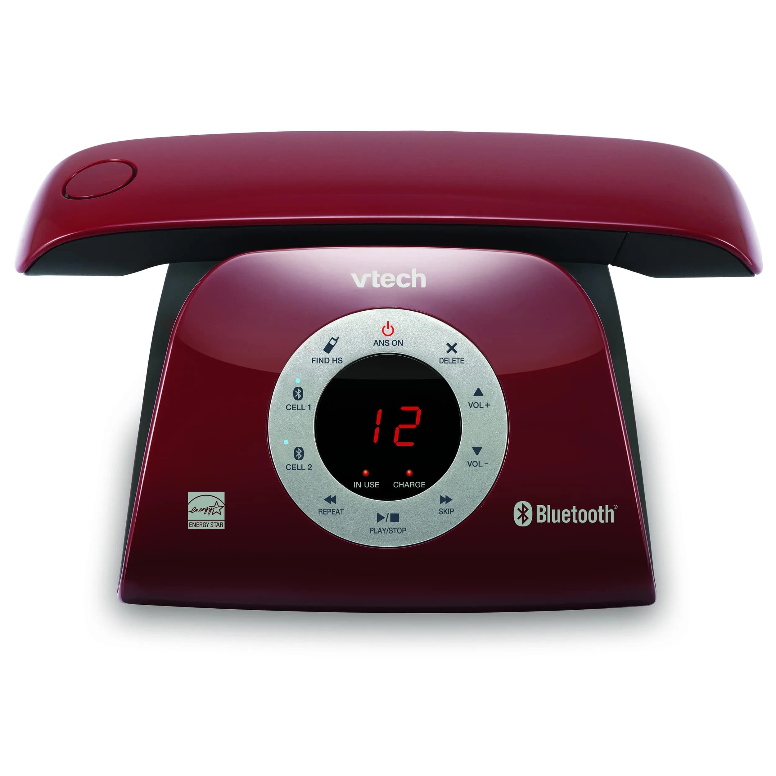 VTech VS122-16 Retro-Design Cordless Phone with Bluetooth Connect to Cell, Call Blocker, Answering System, Full-Duplex Speakerphone, Red - main product image