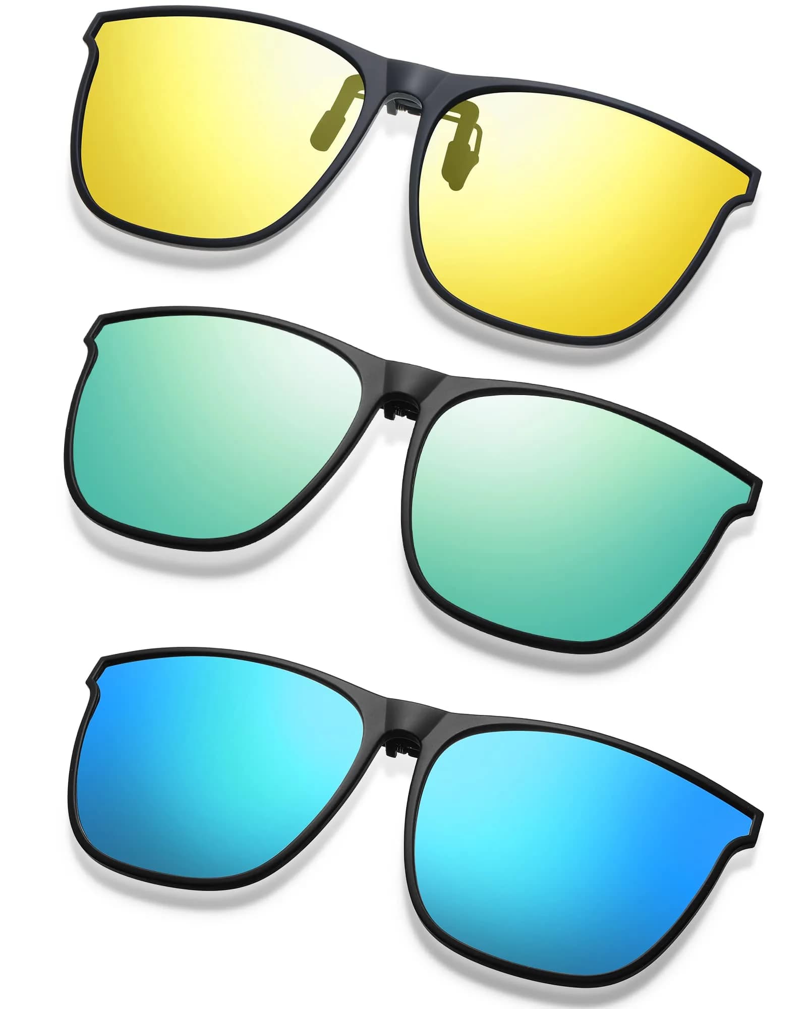 Frienda Oversize Clip-on Sunglasses 3 Pcs | Blue Green, Yellow Green, Yellow | Large, Flip Design - main product image