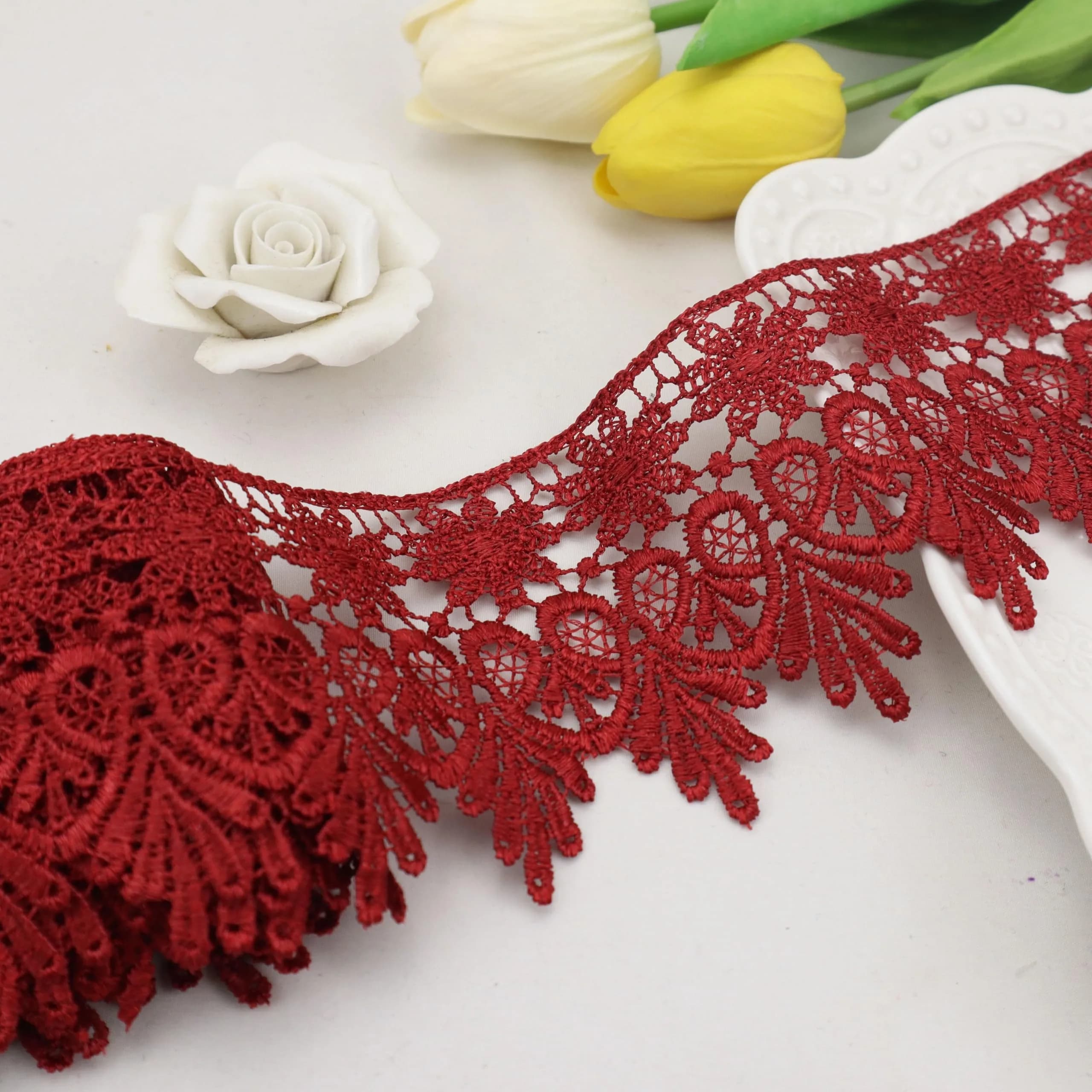 AIETSYEI Purple Lace Trim 3.5 inch (8.89 cm) Wide Venise Lace Ribbon | Floral Embroidered Edge for Sewing & Crafts — burgundy lace trim