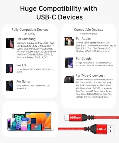 LDLrui USB C Data Cable 10ft | 10Gbps Transfer & 65W Fast Charging, Braided thumbnail 6