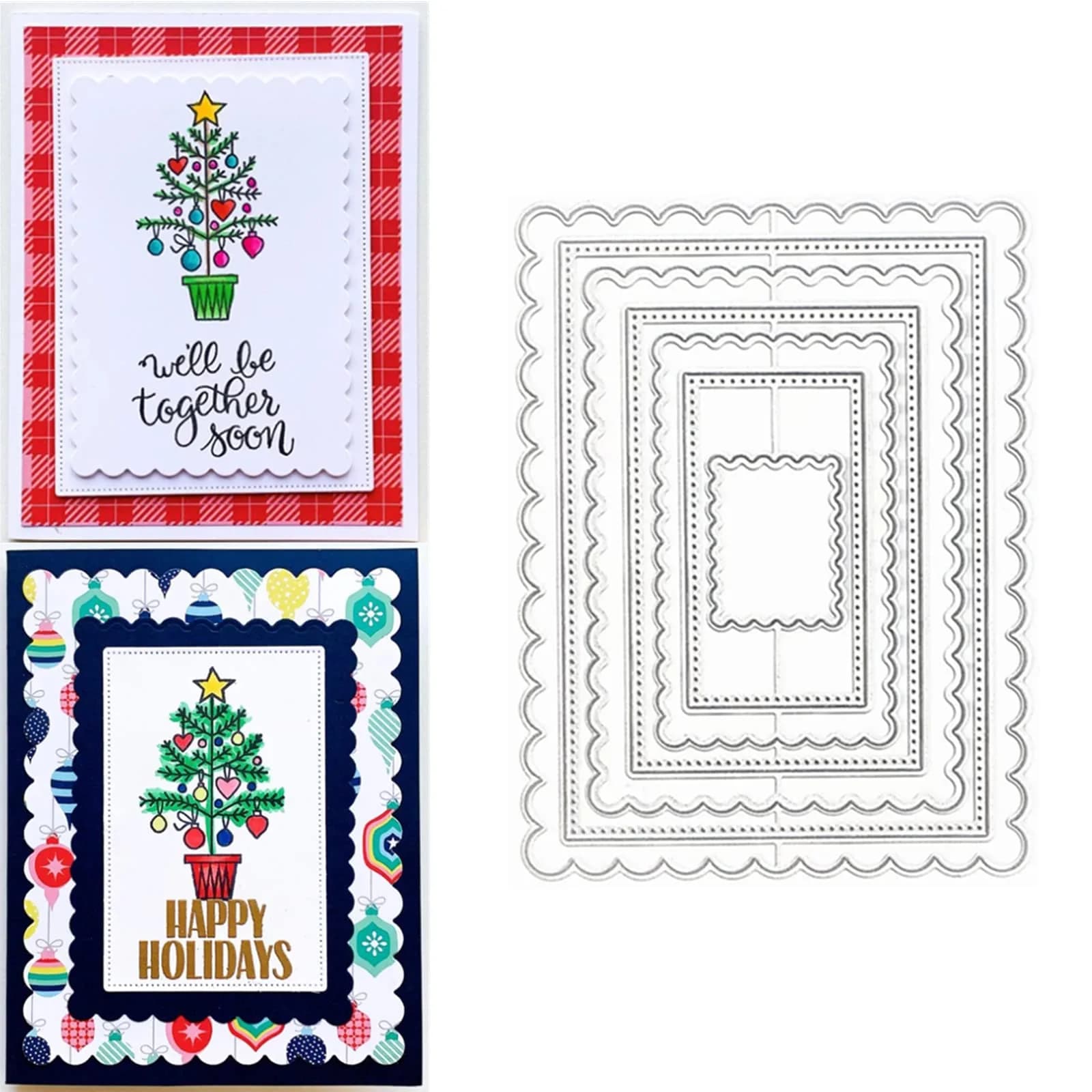 hinana Rectangle Frame Metal Die Cuts Set 13.8x10.5cm (5.43x4.13in) | Scallops Stitched Nesting Tag Background Cutting Dies for DIY Scrapbooking Album Decorative Embossing Paper Card Making - main product image