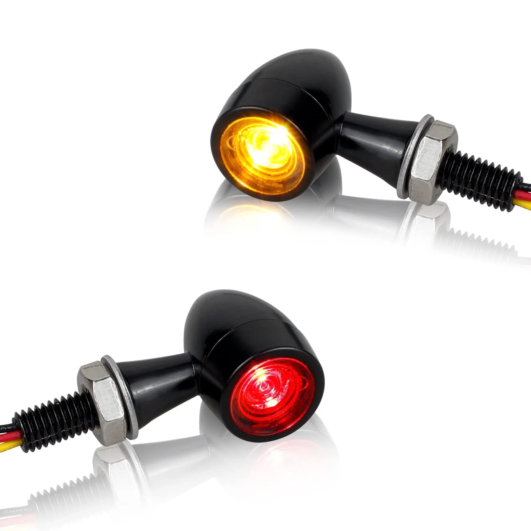 QUASCO Motorcycle LED Turn Signals Amber/Red | Universal 12V Blinkers for Harley Honda Suzuki Yamaha — black 2 with amber/red light