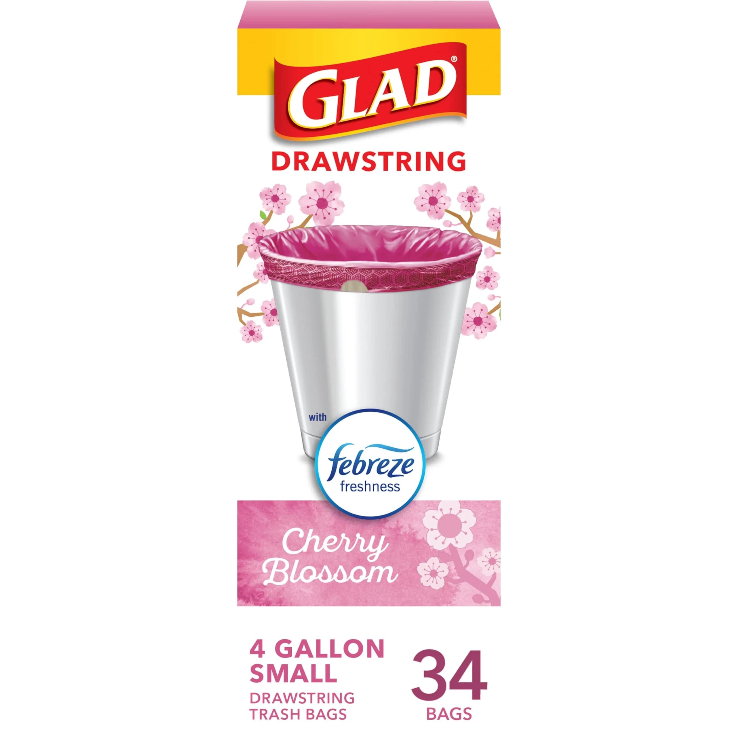 Glad 4 Gallon Trash Bags with Febreze Cherry Blossom Scent | 34 Count Drawstring Bags - main product image