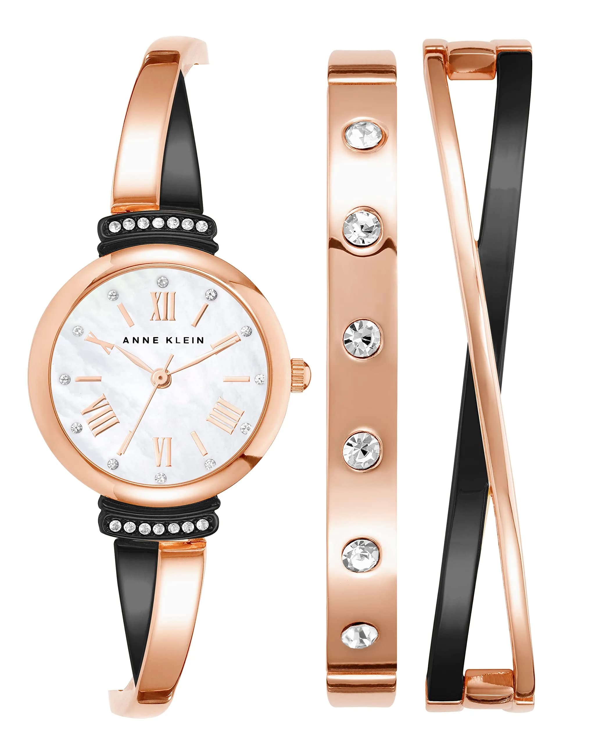 Anne Klein Women's Rose Gold/Silver Bangle Watch Set with Crystals, 26mm Case | Japanese Quartz Movement — Rose Gold/Gunmetal Grey