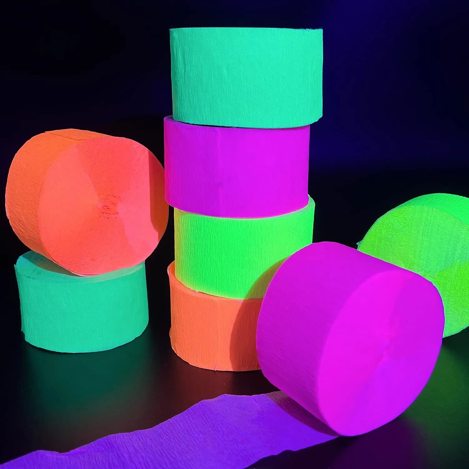 MFLUEEWR Blacklight Party Streamer Decorations 8 Rolls 840ft Glow Crepe Paper | UV Reactive Neon Streamers for Parties - main product image
