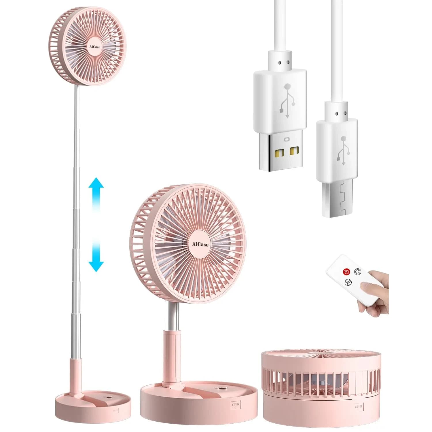 AICase Folding Portable Telescopic Fan 7200mAh Battery | 4 Speeds, 39.3" Height, Pink — Pink 7200mAh