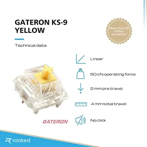 Ranked Gateron ks-9 Key Switches for Mechanical Gaming Keyboards | Plate Mounted (Gateron Yellow, 65 Pcs) thumbnail 2