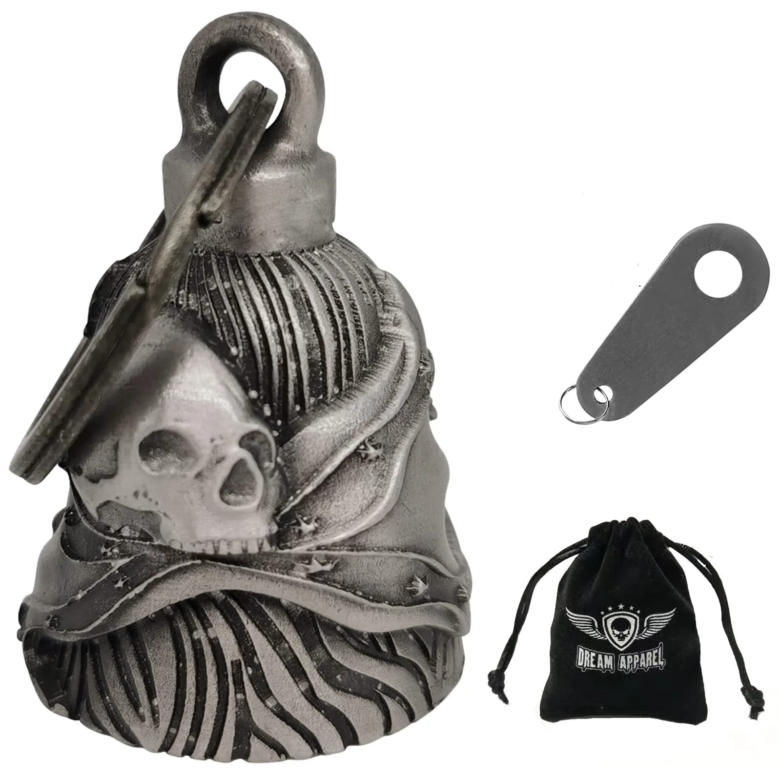Dream Apparel Motorcycle Ride Bell for Bikers, Heavy Spirit Keychain & Lucky Charm (DBL13-L Rebel) — Skull-b