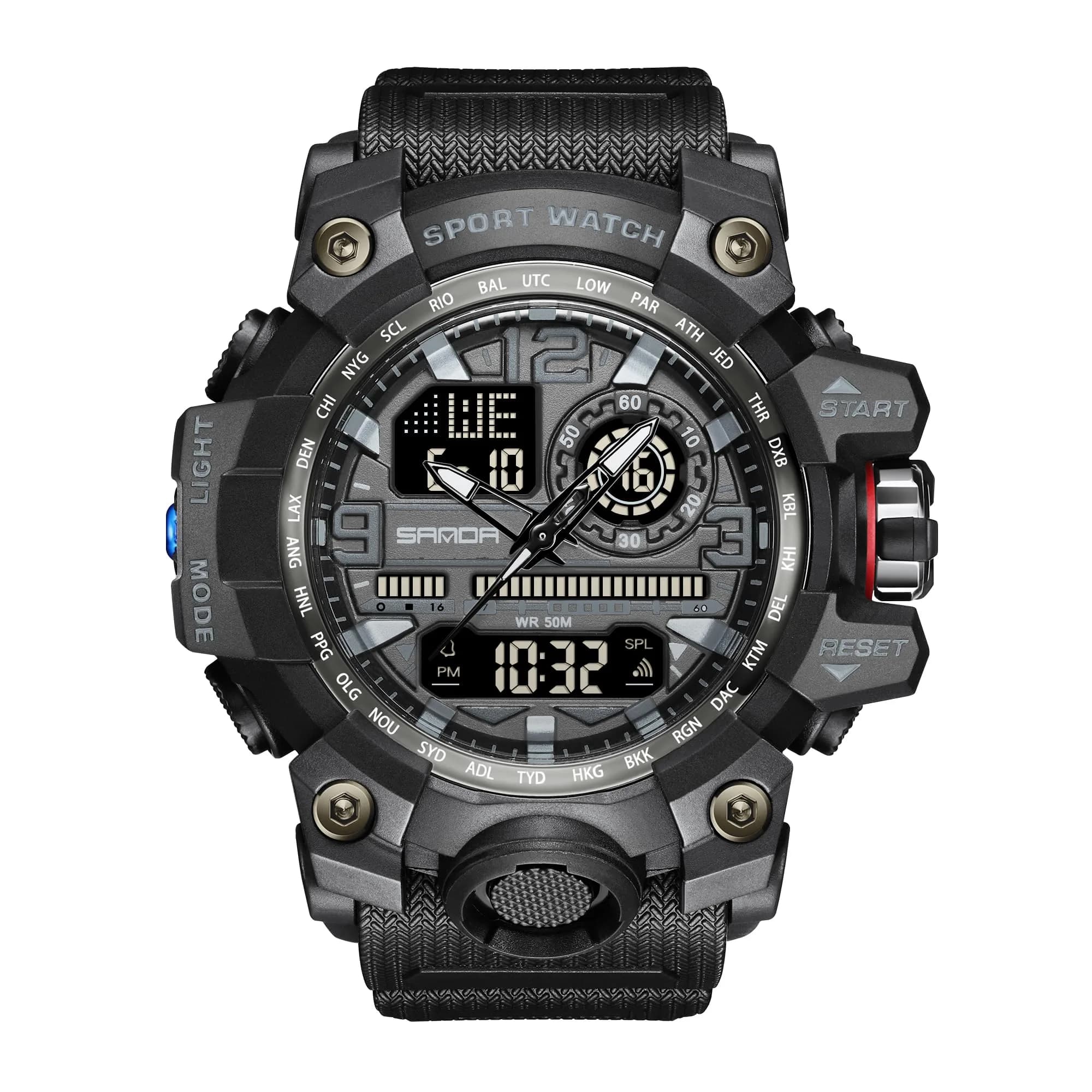 KXAITO Men's Sports Outdoor Waterproof Military Watch with Date, Alarm, Stopwatch (Black Blue, 58mm Case) — Black / Large