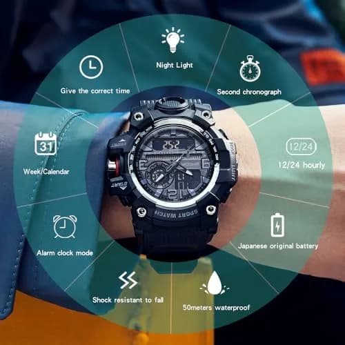 KXAITO Men's Sports Watch 58mm (2.28") | Military Style Dual Dial with LED & Stopwatch thumbnail 8