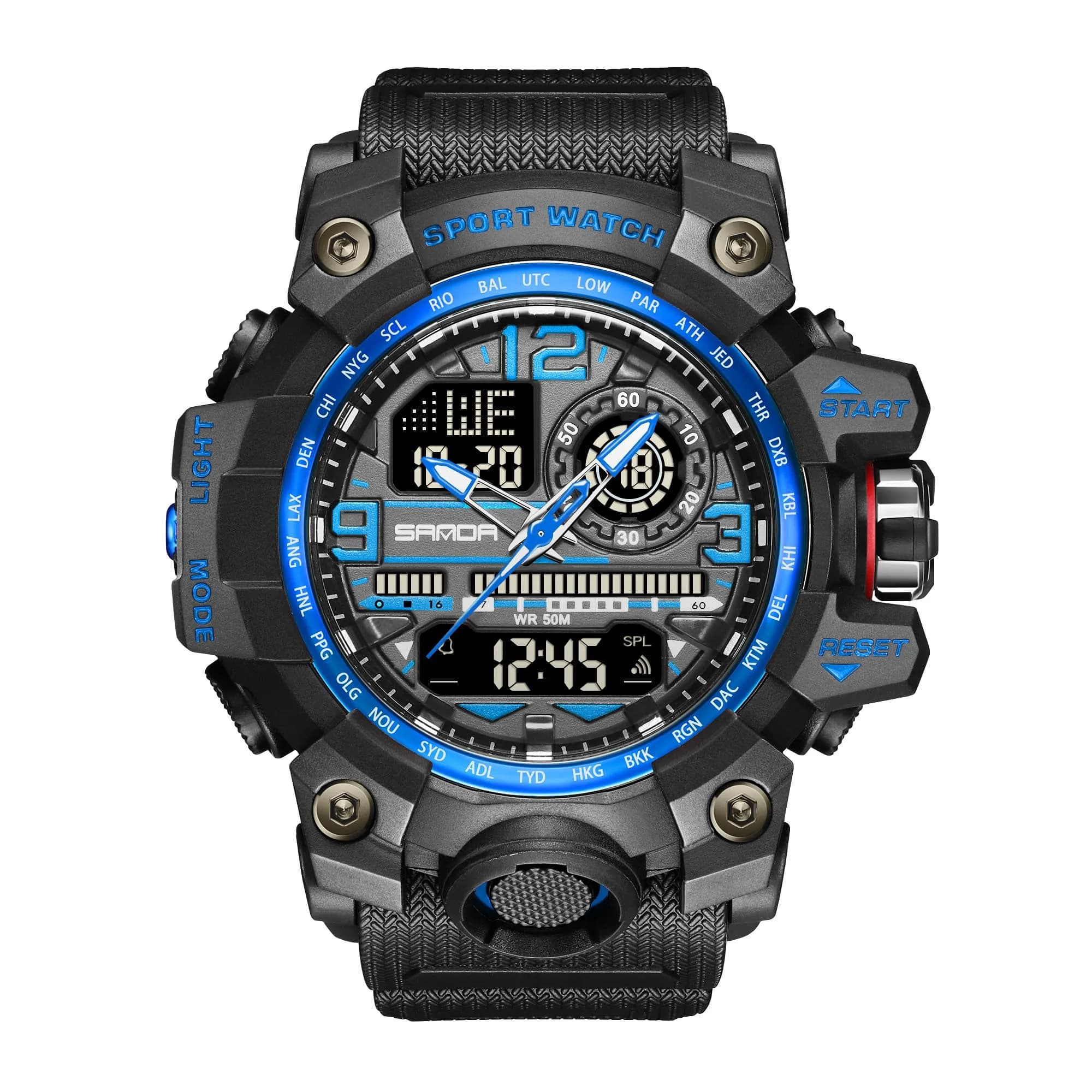 KXAITO Men's Sports Outdoor Waterproof Military Watch with Date, Alarm, Stopwatch (Black Blue, 58mm Case) — Black Blue