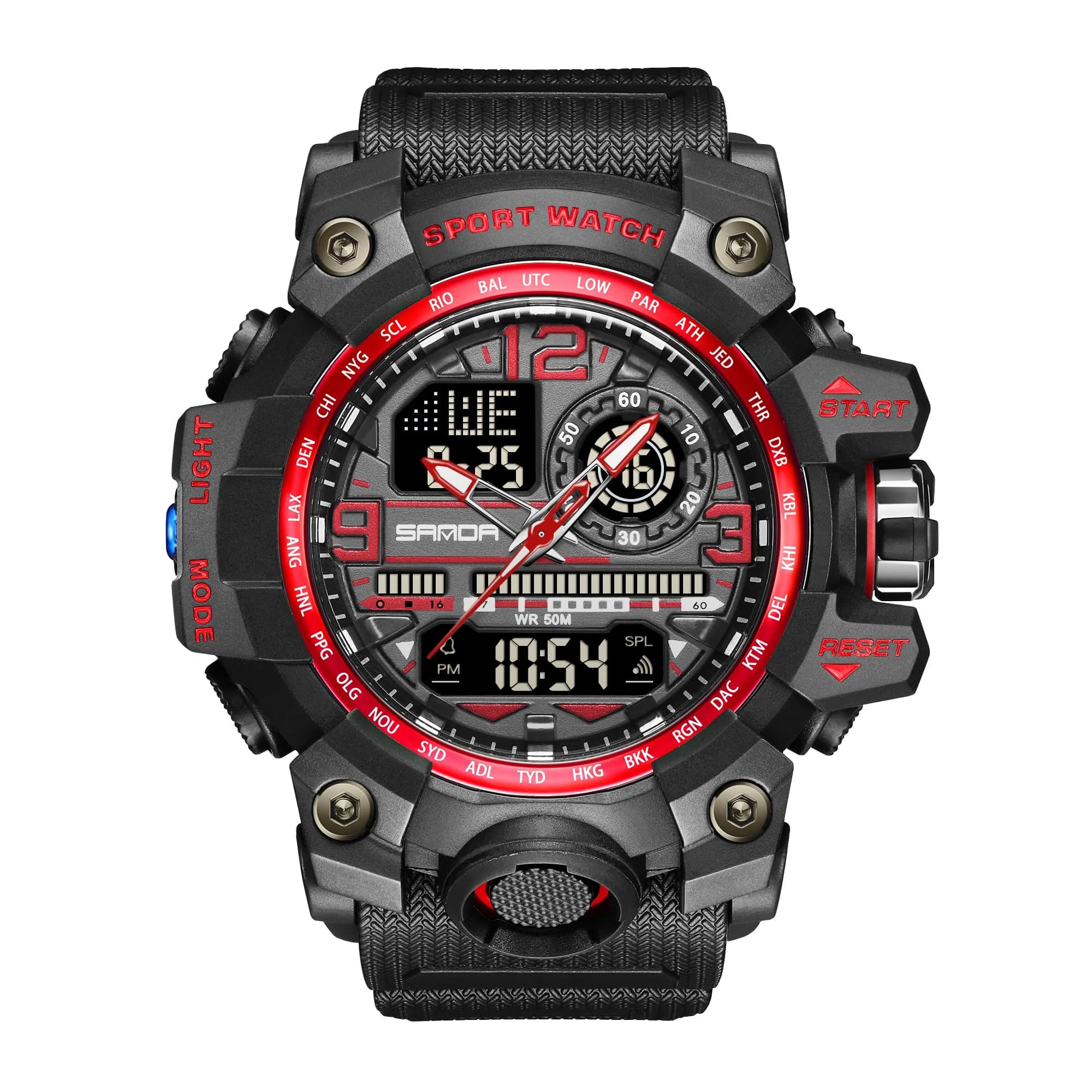 KXAITO Men's Sports Outdoor Waterproof Military Watch with Date, Alarm, Stopwatch (Black Blue, 58mm Case) — Black Red / Large