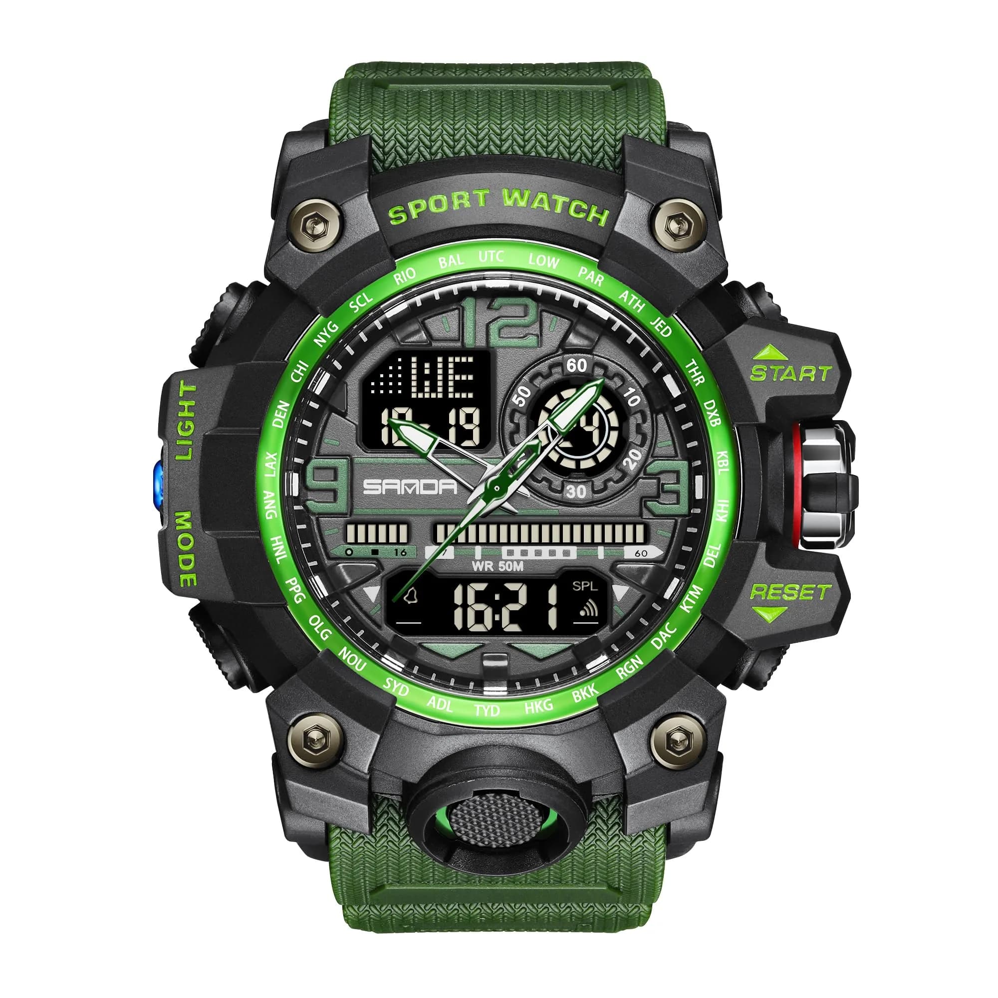 KXAITO Men's Sports Outdoor Waterproof Military Watch with Date, Alarm, Stopwatch (Black Blue, 58mm Case) — Black Green / Large
