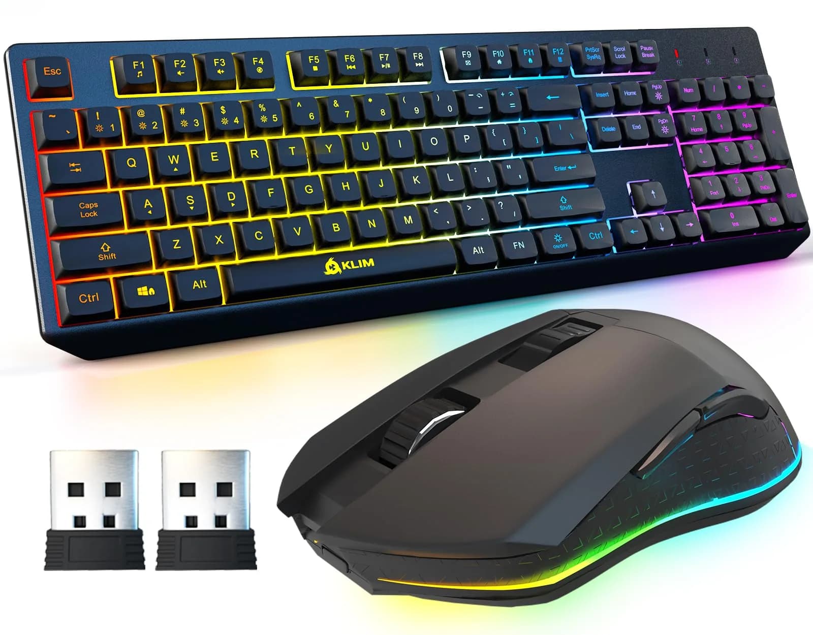 KLIM Chroma Wireless Gaming Keyboard and Mouse Bundle, US Layout, Backlit RGB | Dual-Dongle, Rechargeable, Durable — Black - Bundle