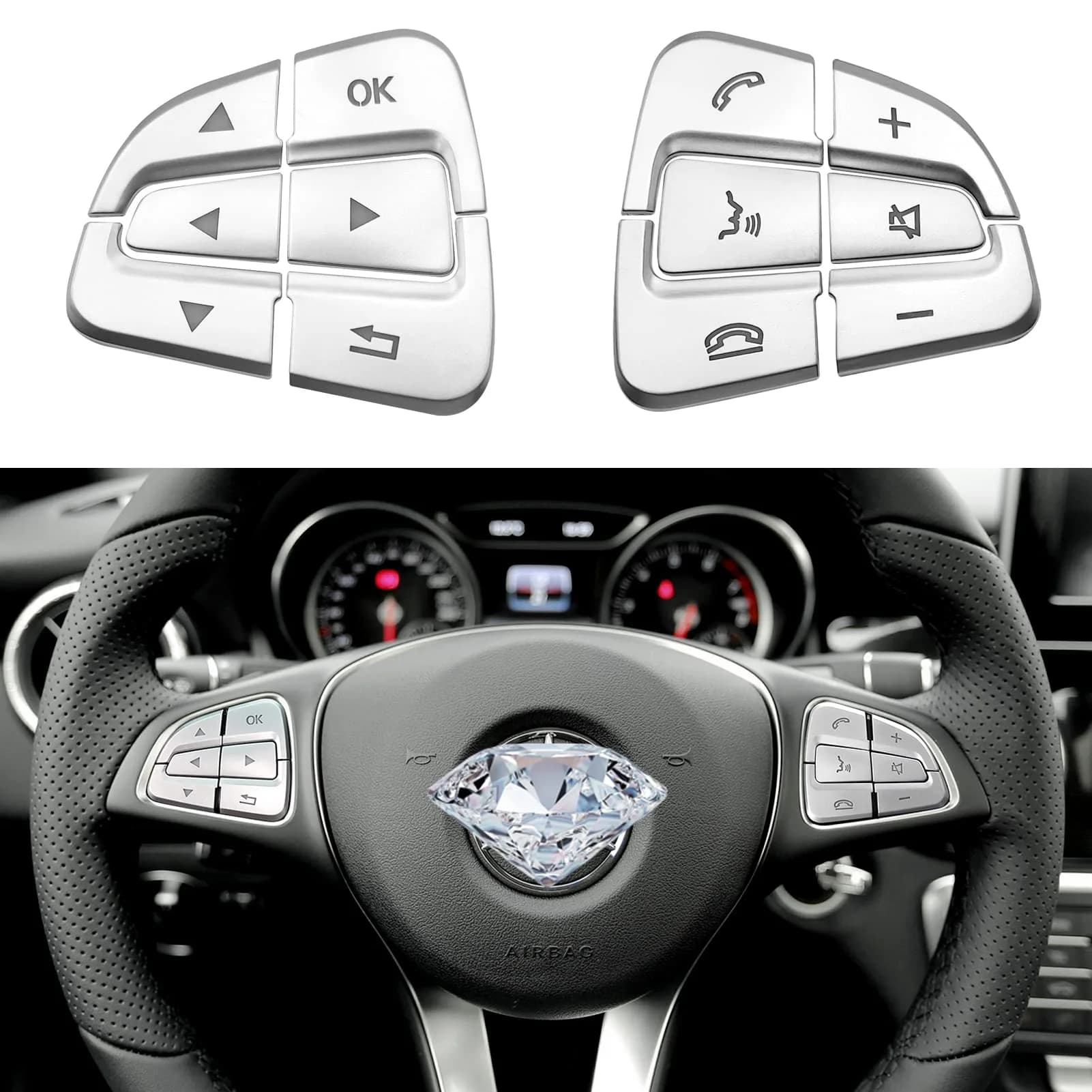 Moonlinks Chrome Square Steering Wheel Button Covers 12-Pack | Interior Trim for Mercedes A B C E G SL GL GLA CLA GLK SLK CLS Class — Model B