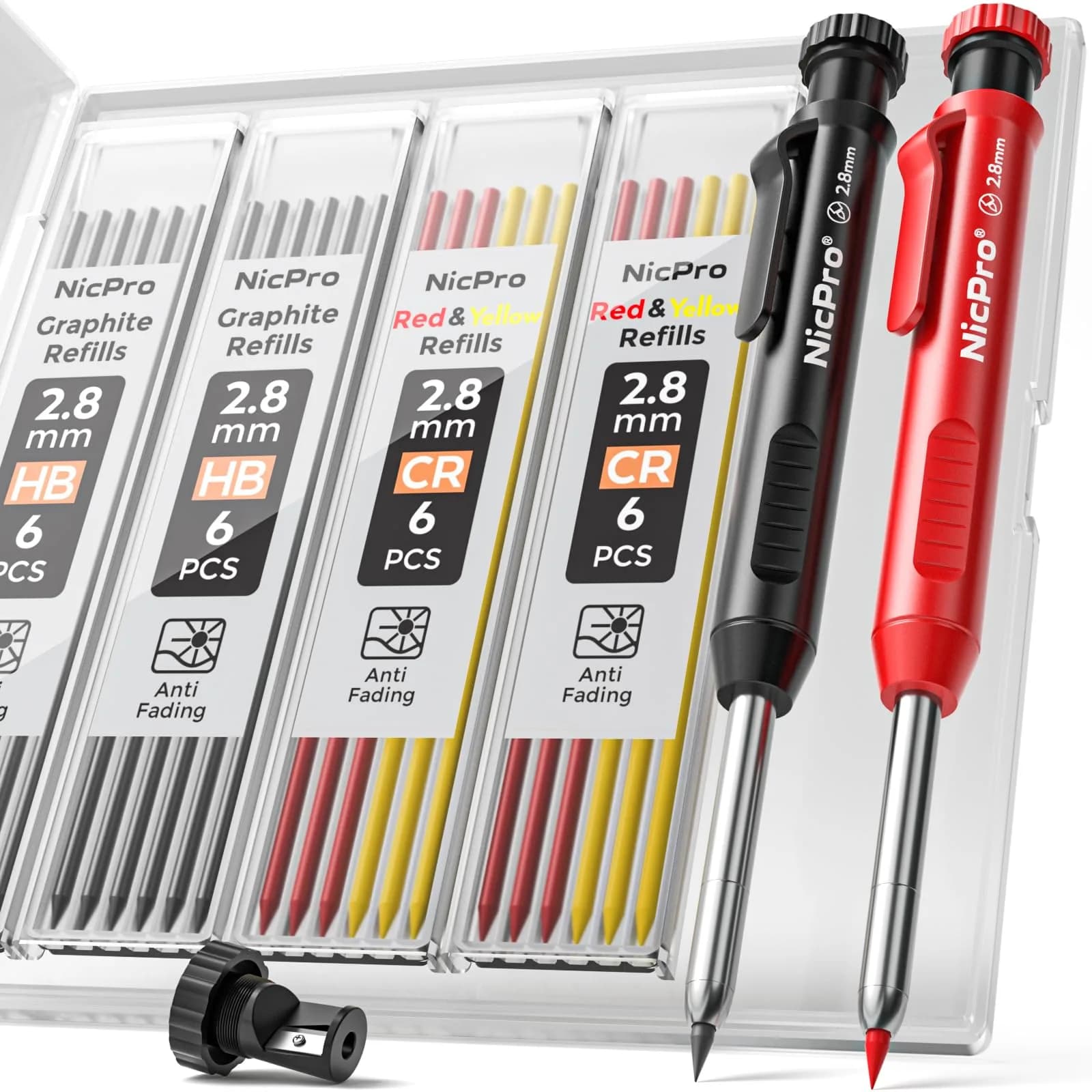 Nicpro 3 Pack Carpenter Pencils with Sharpener | Durable Metal Tip, 39 Refills, Ergonomic Grip for Woodworking & Construction — Black,Red