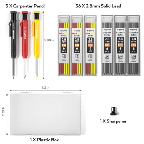Nicpro 3 Pack Carpenter Pencils with Sharpener | Durable Metal Tip, 39 Refills, Ergonomic Grip for Woodworking & Construction thumbnail 7