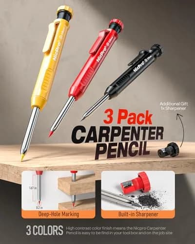 Nicpro 3 Pack Carpenter Pencils with Sharpener | Durable Metal Tip, 39 Refills, Ergonomic Grip for Woodworking & Construction thumbnail 2