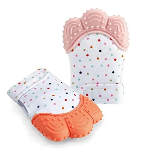 PandaEar Soothing Teething Mitten 2 Pack, Orange Pink | BPA-Free Silicone for Babies 0-12 Months thumbnail 1