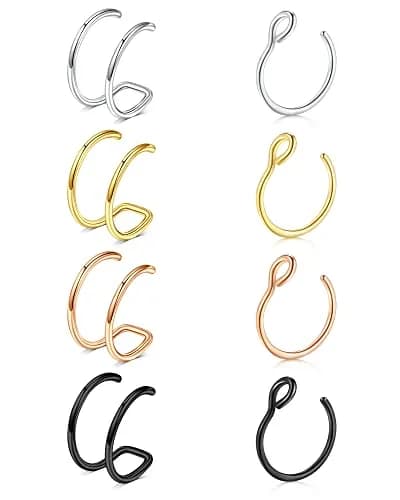MODRSA Fake Nose Rings - Hoop & Double Hoop Piercings for Women & Men | Hypoallergenic Stainless Steel, 8 Pieces thumbnail 1