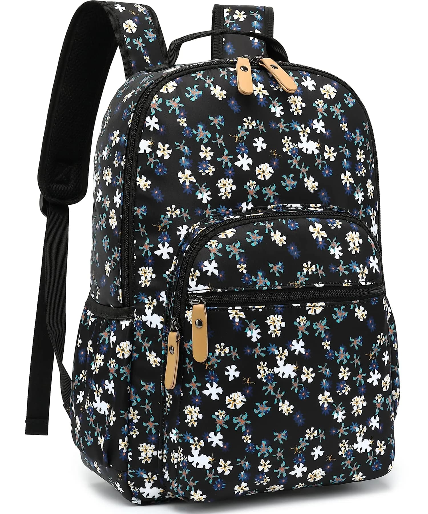 Leaper Floral Backpack Travel Bag Bookbags Women Satchel 35cm (13in) | Water-Resistant Polyester — Black-white Flower
