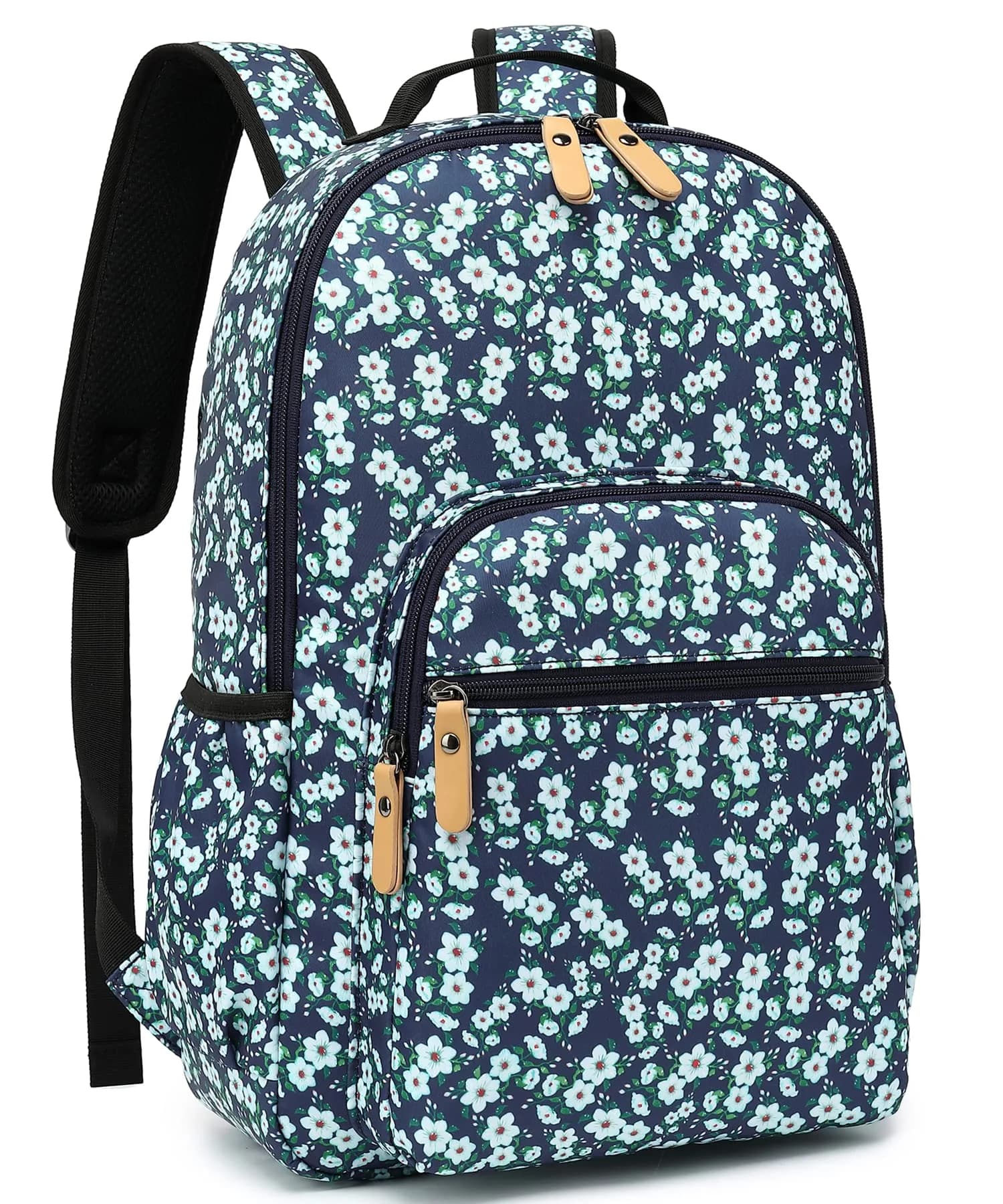 Leaper Floral Backpack Travel Bag Bookbags Women Satchel 35cm (13in) | Water-Resistant Polyester — Dark Blue-white Flower2