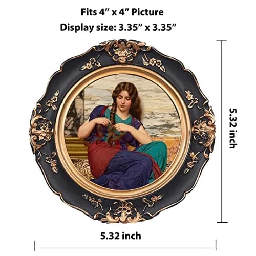 WINPLUS+ Vintage Round Picture Frame 4x4 inch (10x10 cm) | Antique Black Resin with Golden Floral Detail thumbnail 3