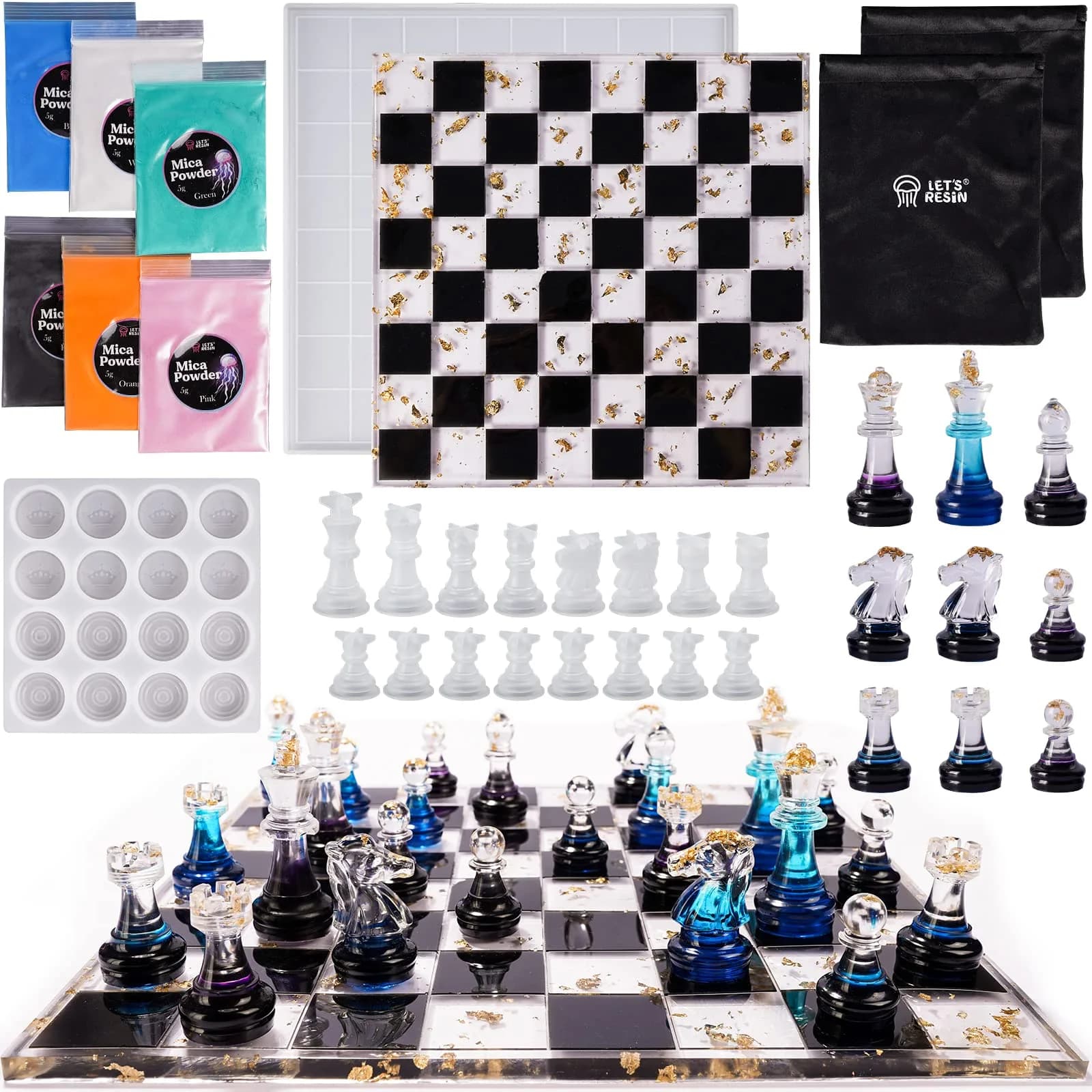 LET'S RESIN Chess Molds for Resin Casting, Full Size 3D Chess Set Molds | 25-Piece Set with Mica Powders - main product image