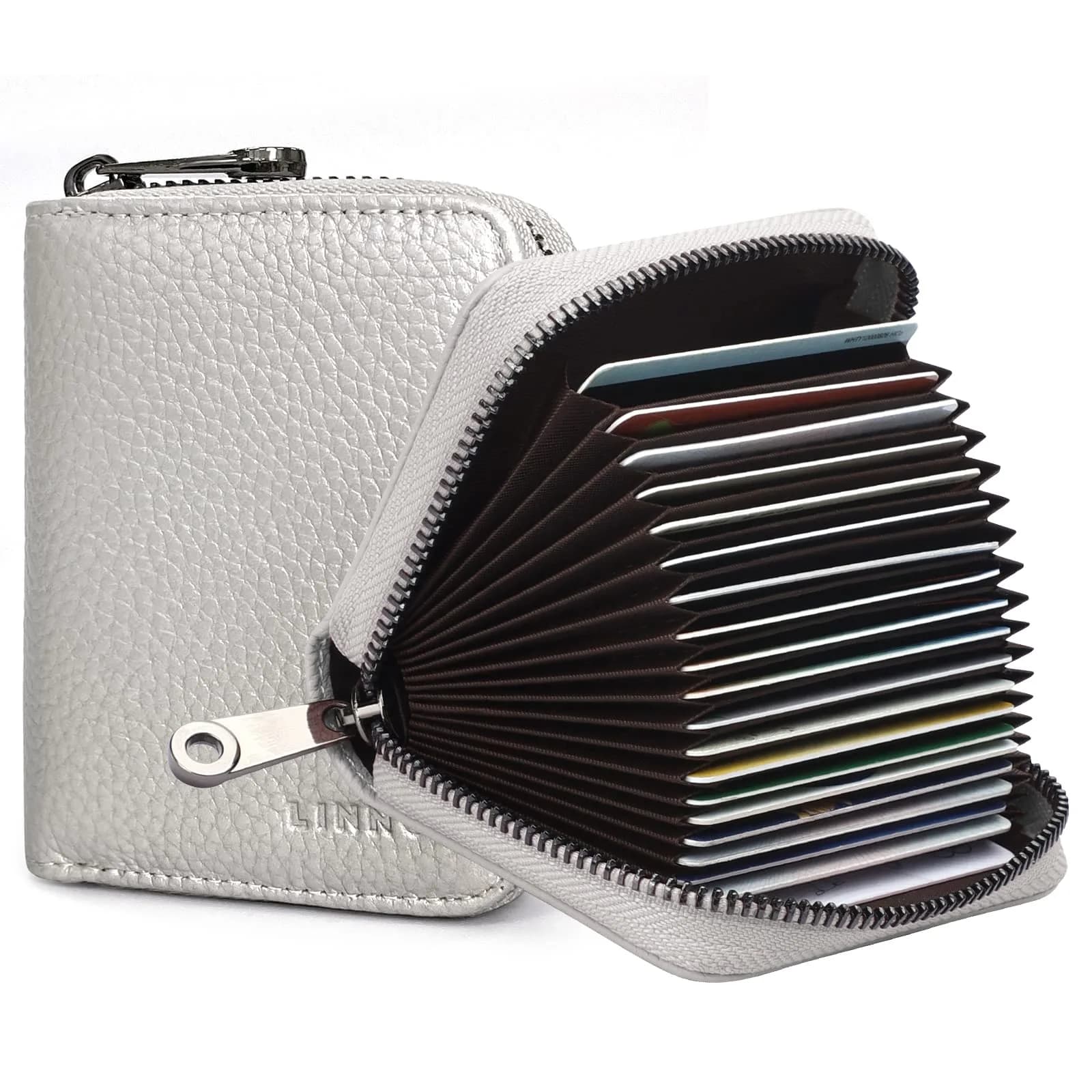 Linno RFID 20 Slots Credit Card Holder Genuine Leather Small Wallet for Women or Men with Zipper | RFID Blocking Accordion Wallet