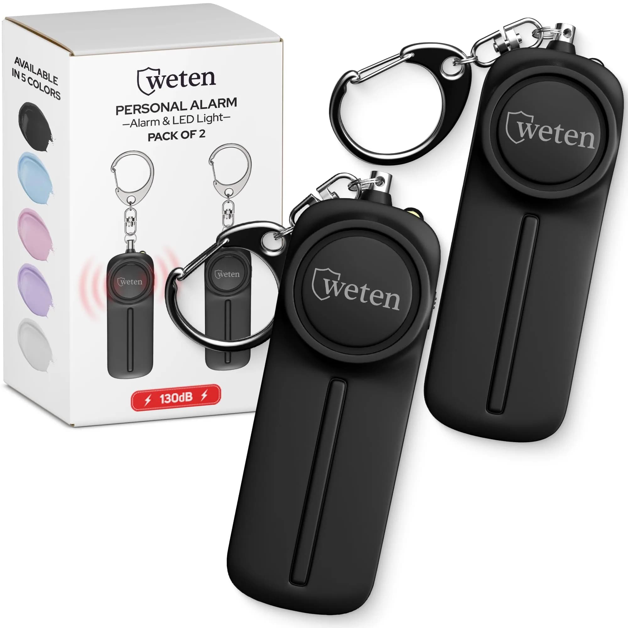 WETEN Personal Safety Alarm Keychain for Women, 130dB Siren, 2 Pack Black | Loudest Self-Defense Device for Night Walks & Travel