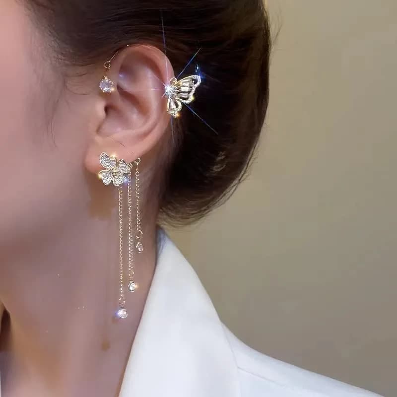 LAKIYOYO Zircon Butterfly Ear Cuff Earrings for Women - No Piercing Butterfly Ear Clip Rhinestone Wrap Earrings (Gold Tone, 2-Pack) thumbnail 3
