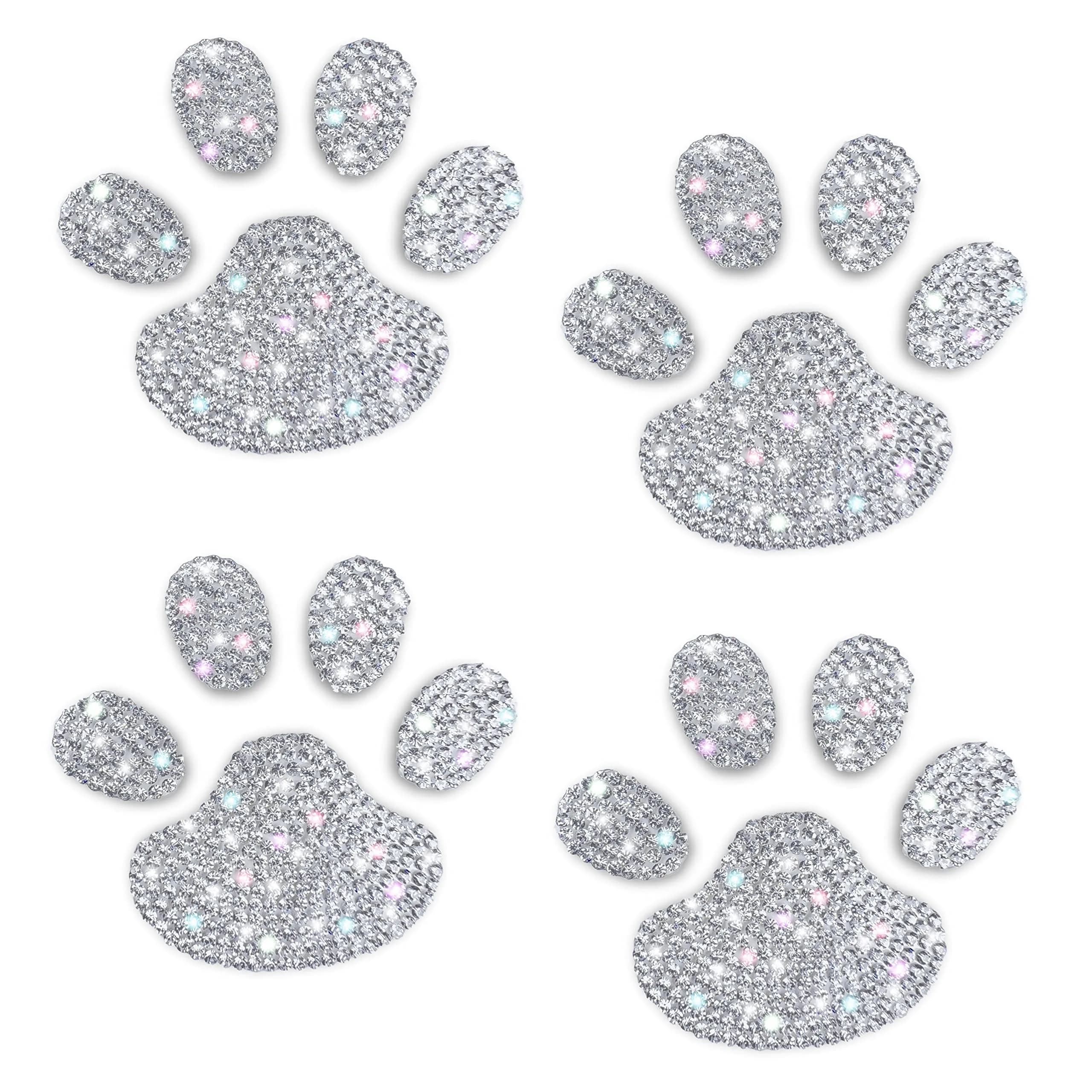 LZLRUN 4PCS Silver 3D Chrome Dog Paw Footprint Car Decoration Sticker | Weatherproof Vinyl Decal for Cars, Laptops, and Smooth Surfaces — Crystal