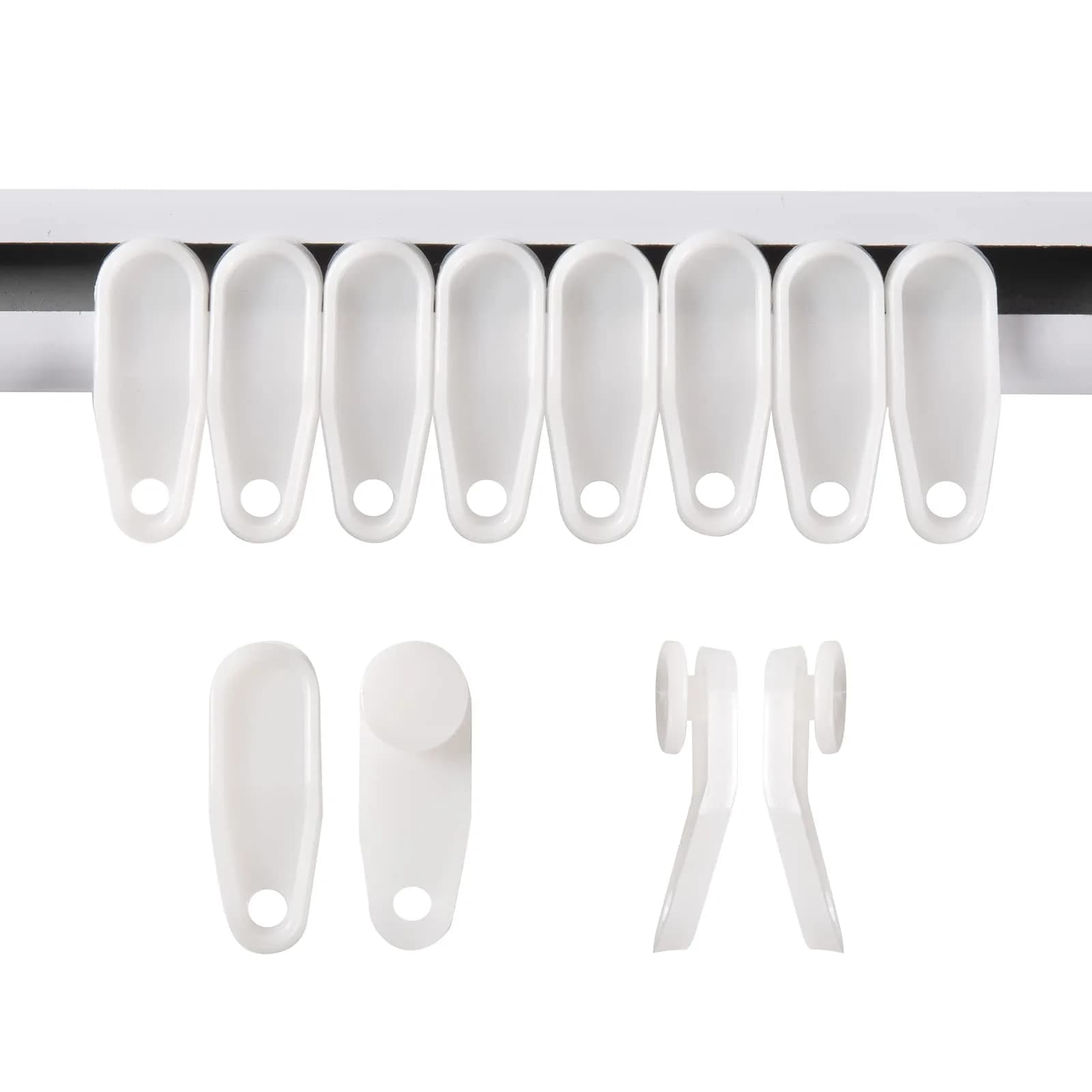 Kilymezh White Curtain Slider Hooks 100 Pack | 1.3 inch (3.3 cm) Plastic Track Gliders for Curtains — Style 1