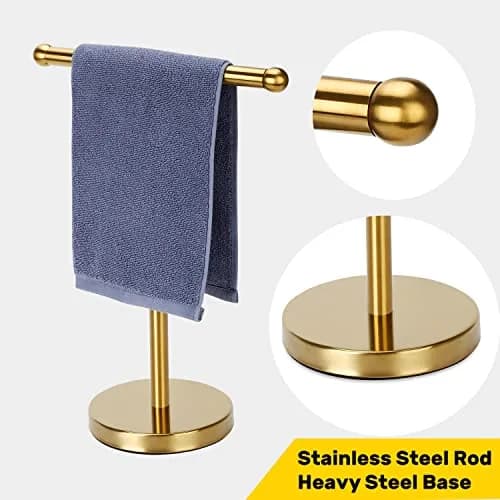 WAYDELI Gold Hand Towel Holder Stand with Weighted Base, SUS304 Stainless Steel, 29cm (11.4 inches) | Freestanding Countertop Design thumbnail 2