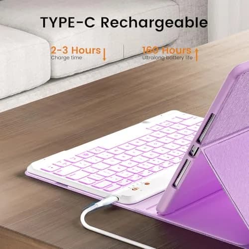 OYEEICE Keyboard Case for iPad 10.2" 9th/8th/7th Gen & Air 3rd/Pro 10.5" Purple | Detachable Wireless Backlit Keyboard Cover with Pencil Holder thumbnail 5