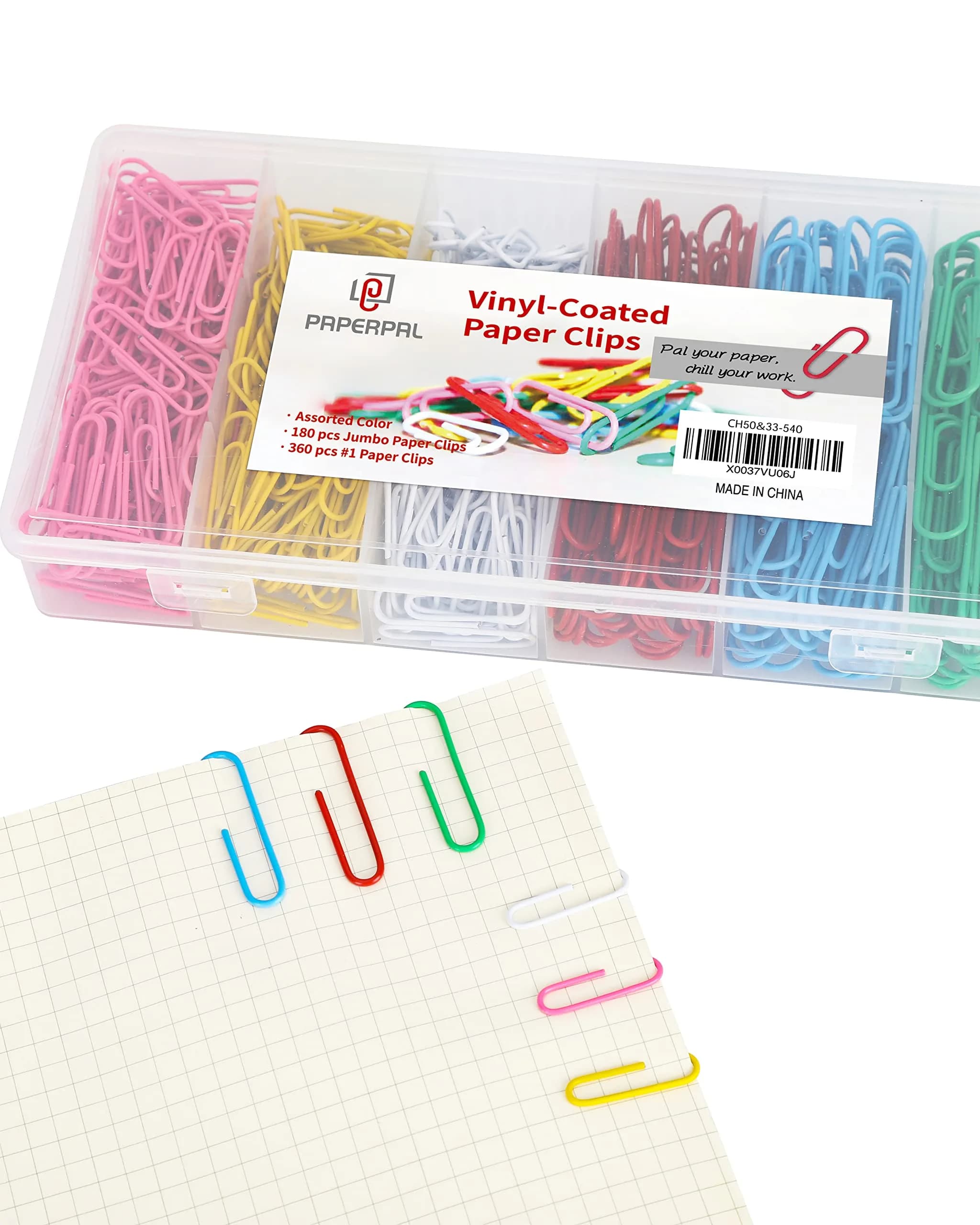 PAPERPAL Colorful Vinyl Coated Paper Clips, 50 mm (2 in) & 33 mm (1-2/7 in), 540 Count | Assorted Colors for Office & School