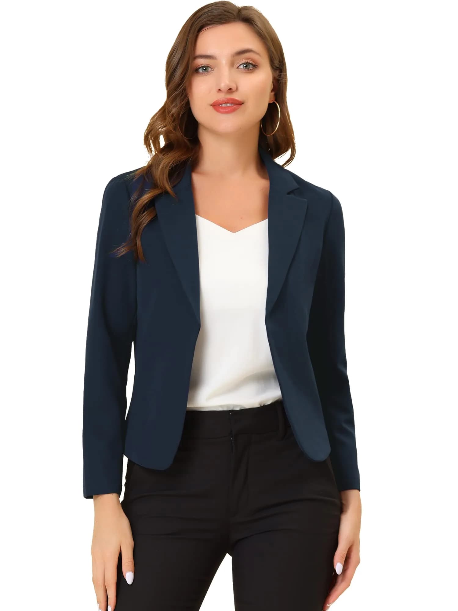 Allegra K Women's Open Front Crop Suit Blazer Medium Yellow-Solid | Lightweight Summer Office Wear — Dark Blue-solid