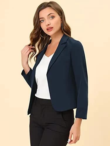 Allegra K Women's Open Front Crop Suit Blazer Medium Dark Blue-Solid | Lightweight Summer Office Work thumbnail 2