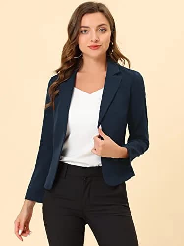 Allegra K Women's Open Front Crop Suit Blazer Medium Dark Blue-Solid | Lightweight Summer Office Work thumbnail 3
